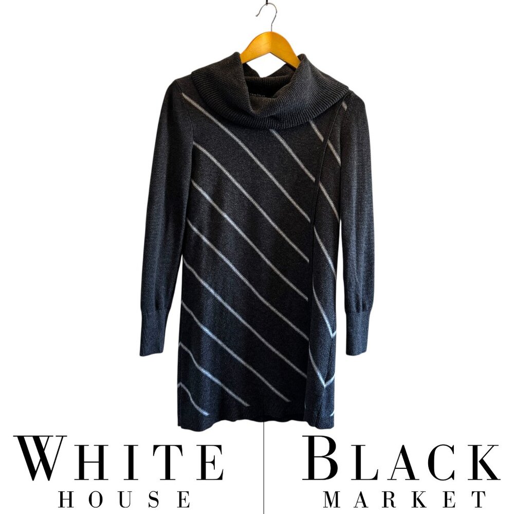 White House Black Market WHBM Grey Striped Wool Blend Tunic Cowl Neck Workwear